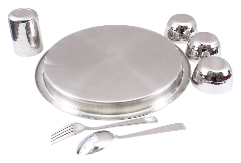 Handcrafted Pure Steel 7 Piece Thali Set | Dinner Set with Hammered Design, Dinnerware, Serveware
