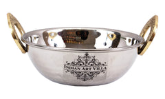 Handcrafted Pure Steel Serving Set with Hammered Design, 1 Punjabi Handi, 1 kadhai Wok with Brass Handle