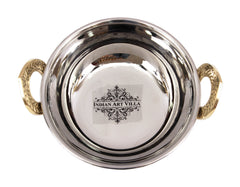 Handcrafted Pure Steel Serving Set with Hammered Design, 1 Punjabi Handi, 1 kadhai Wok with Brass Handle