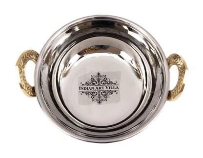 Handcrafted Pure Steel Serving Set with Hammered Design, 1 Punjabi Handi, 1 kadhai Wok with Brass Handle