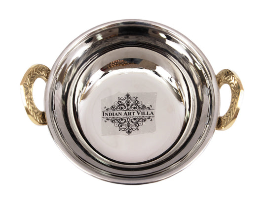 Handcrafted Pure Steel Serving Set with Hammered Design, 1 Punjabi Handi, 1 kadhai Wok with Brass Handle