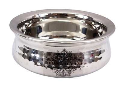 Handcrafted Pure Steel Serving Set with Hammered Design, 1 Punjabi Handi, 1 kadhai Wok with Brass Handle