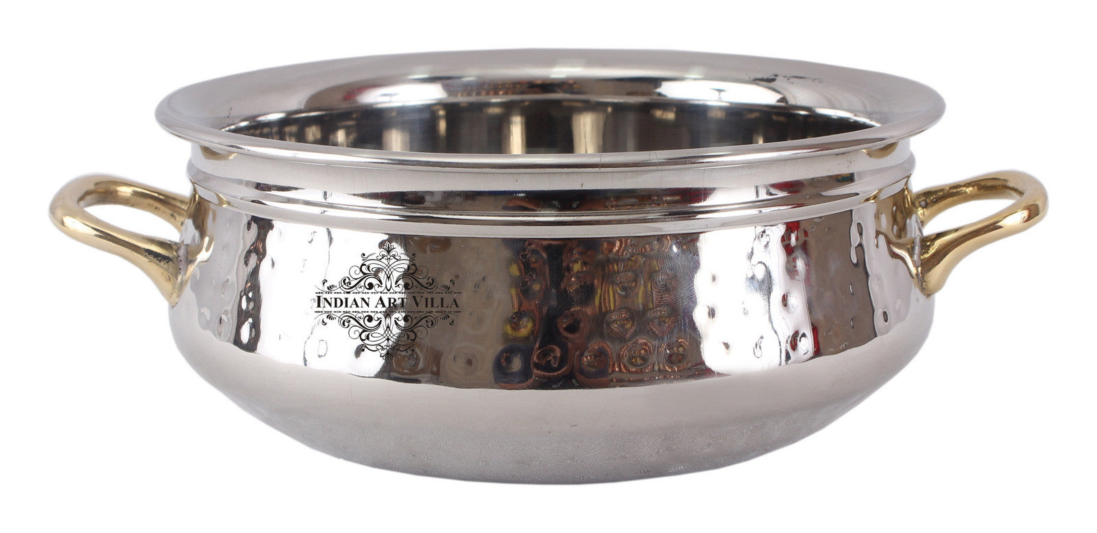 Handmade Pure Steel Set of 2 Handi with Round Brass Handle, Hammered Design