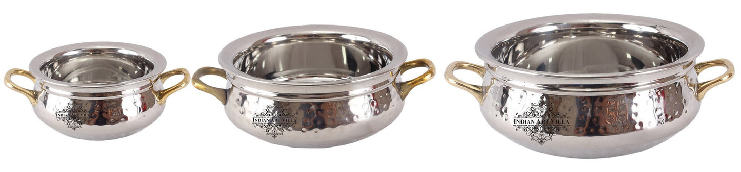 Steel Hammered Set of 3 Handi with Round Brass Handle