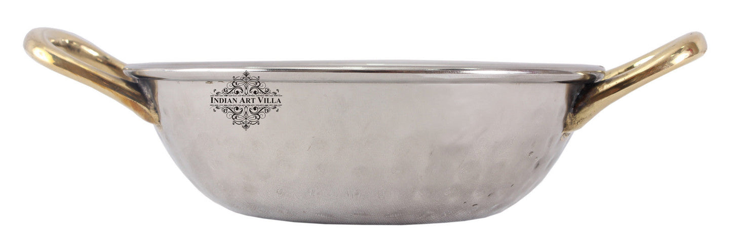 Handmade Pure Steel Designer Set of 2 Kadai Wok Bowl with Brass Handle