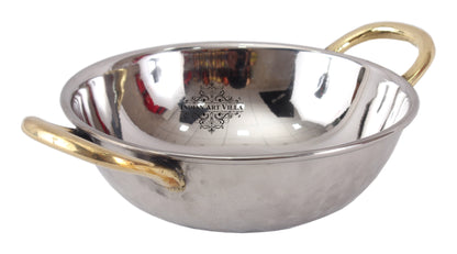 Handmade Pure Steel Designer Set of 2 Kadai Wok Bowl with Brass Handle