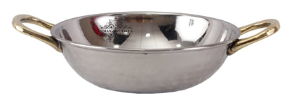 Handmade Pure Steel Designer Set of 2 Kadai Wok Bowl with Brass Handle