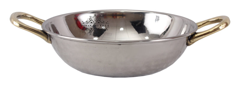 Handmade Pure Steel Designer Set of 2 Kadai Wok Bowl with Brass Handle