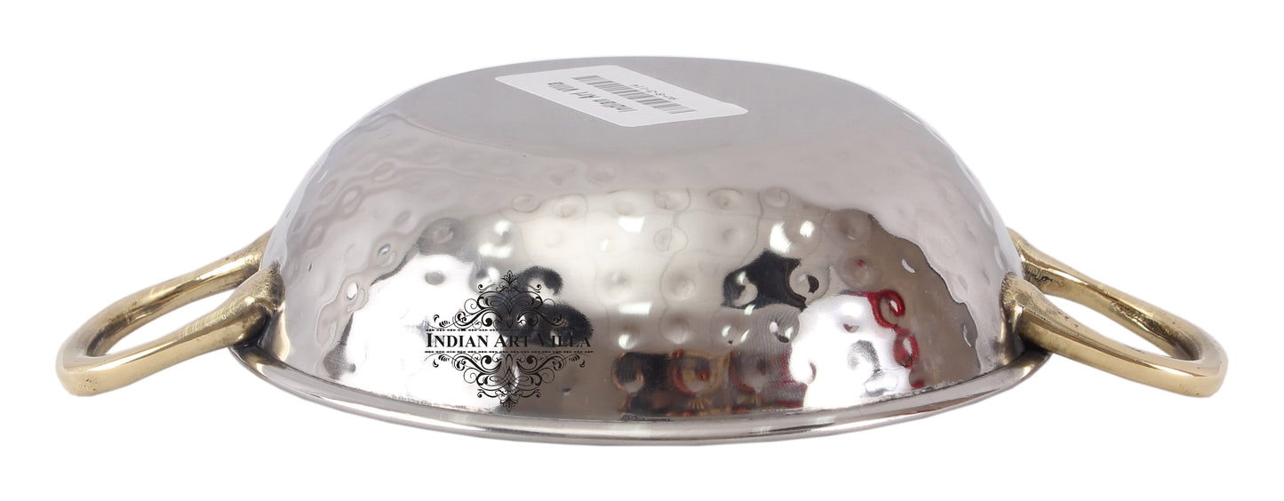 Handmade Pure Steel Designer Set of 2 Kadai Wok Bowl with Brass Handle