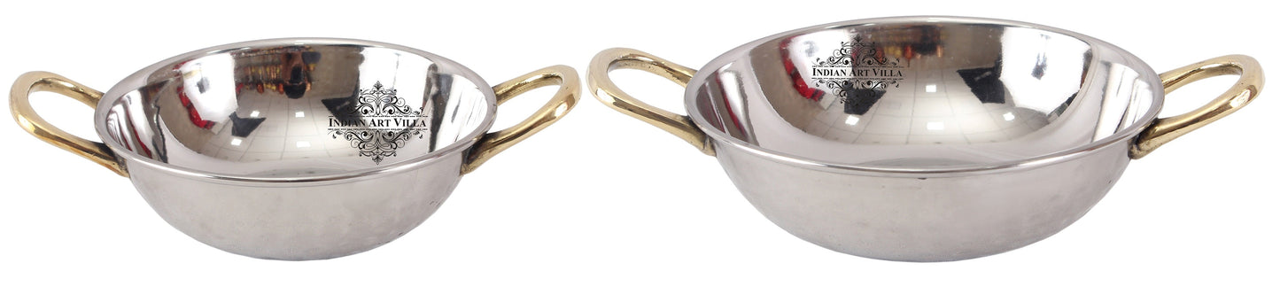 Handmade Pure Steel Designer Set of 2 Kadai Wok Bowl with Brass Handle