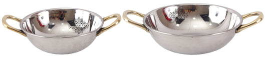 Handmade Pure Steel Designer Set of 2 Kadai Wok Bowl with Brass Handle