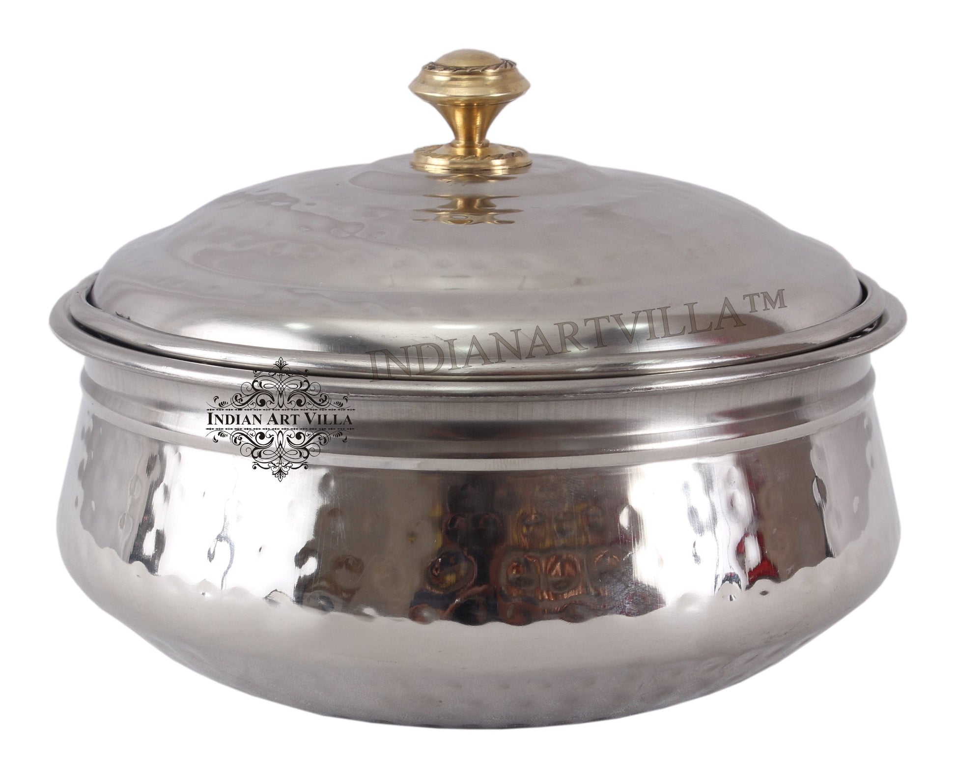 Pure Steel Serving Hammered Design Handi With Lid, Brass Knob