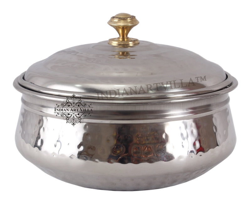 Pure Steel Serving Hammered Design Handi With Lid, Brass Knob