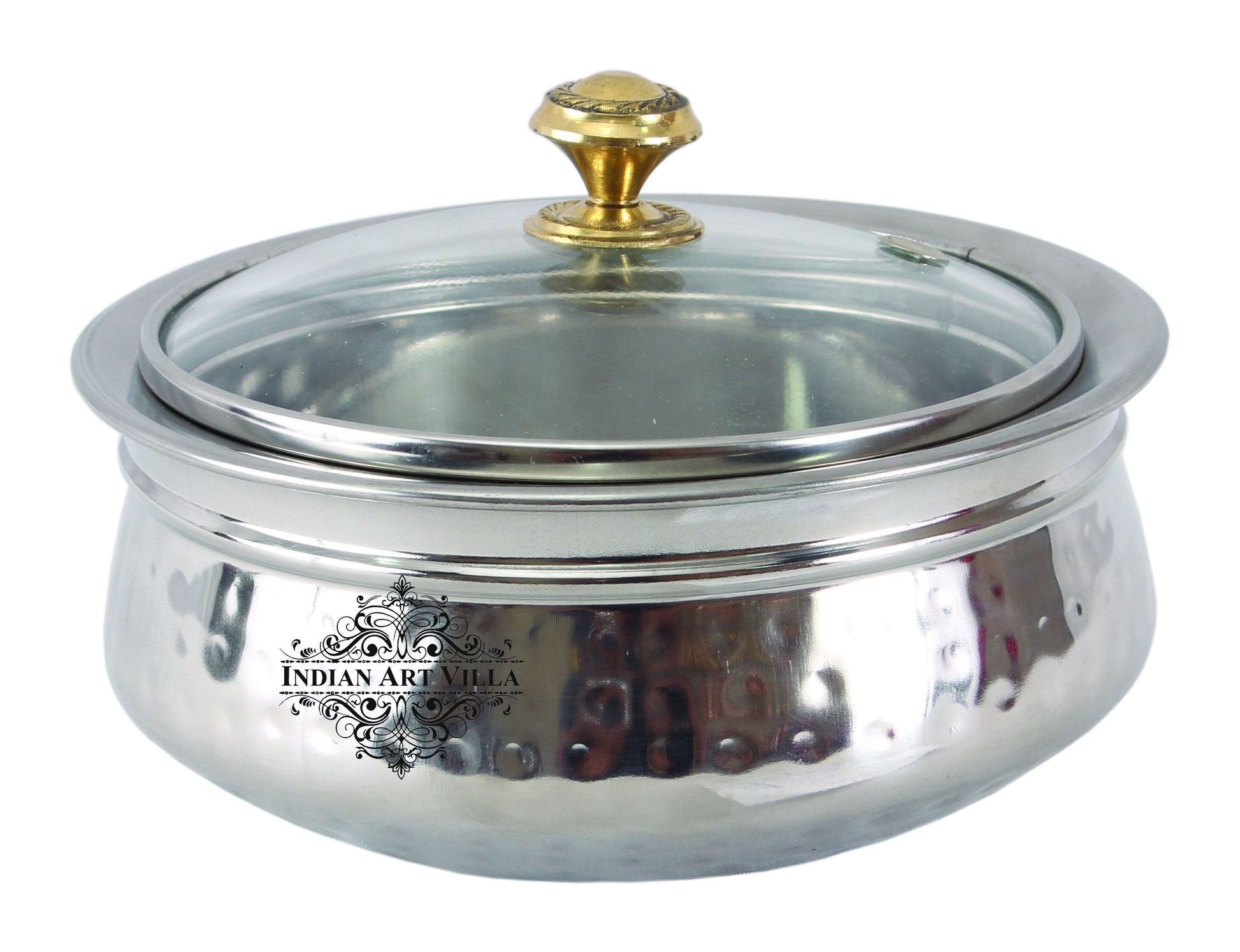 Pure Steel Hammered Design Handi with Glass Lid|1000 ML