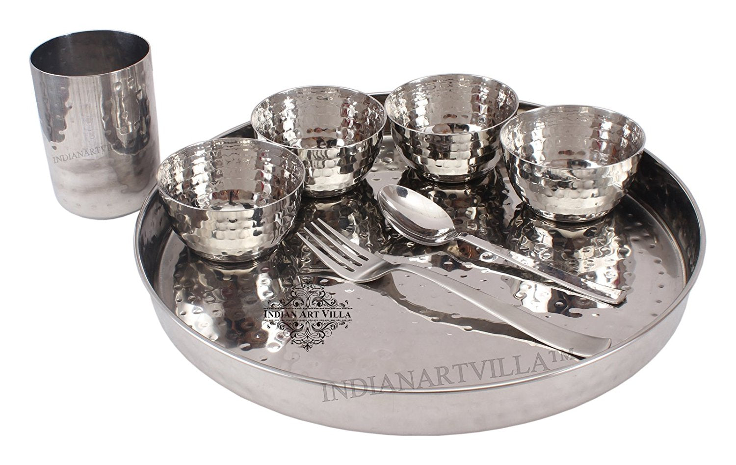 Handmade Pure Steel Hammered Design 8 Piece Thali Set | Dinner Set, Dinnerware, Tableware Set