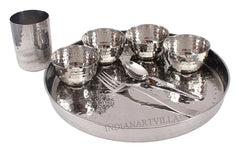 Handmade Pure Steel Hammered Design 8 Piece Thali Set | Dinner Set, Dinnerware, Tableware Set