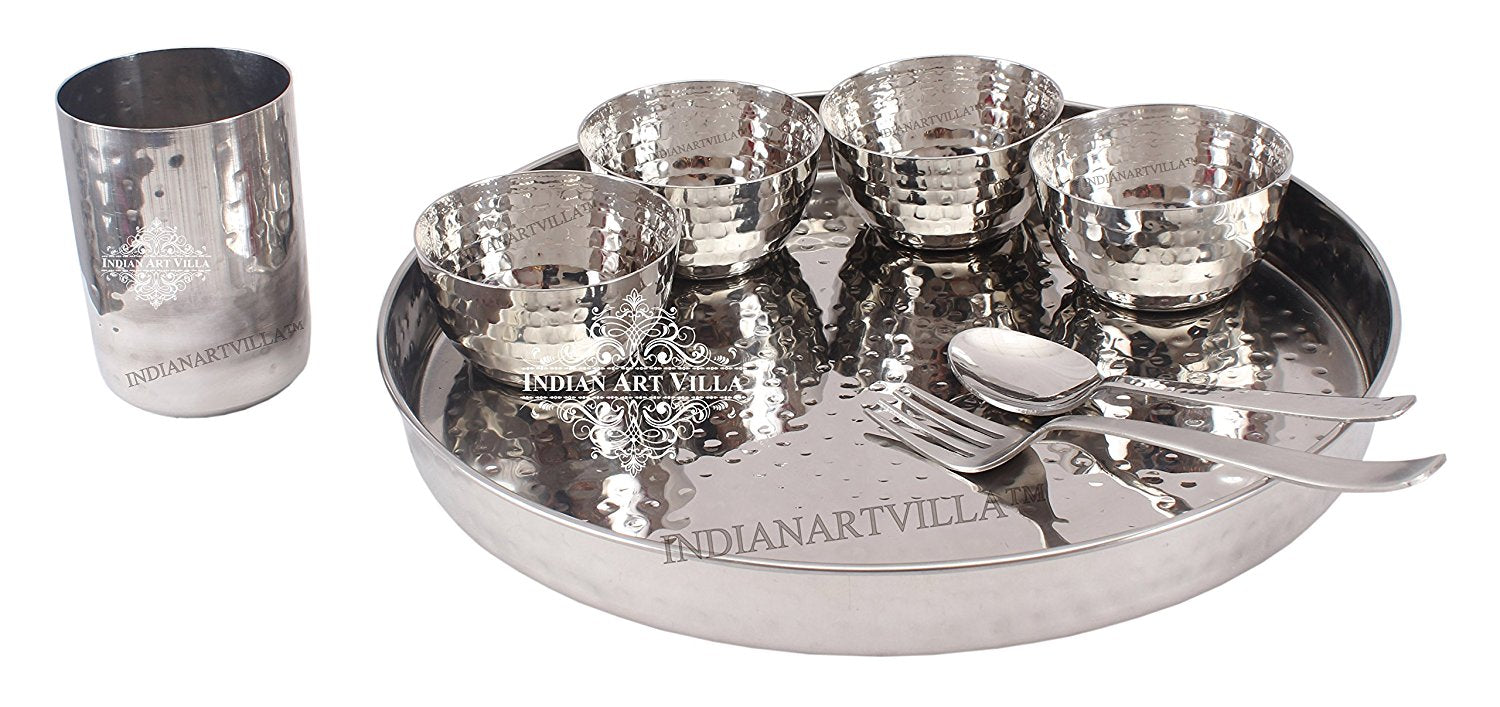Handmade Pure Steel Hammered Design 8 Piece Thali Set | Dinner Set, Dinnerware, Tableware Set