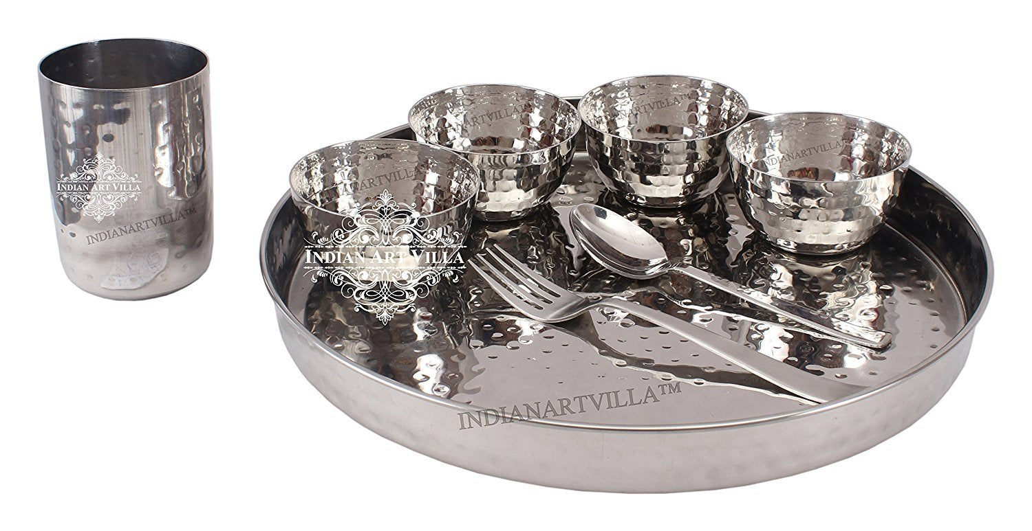 Handmade Pure Steel Hammered Design 8 Piece Thali Set | Dinner Set, Dinnerware, Tableware Set