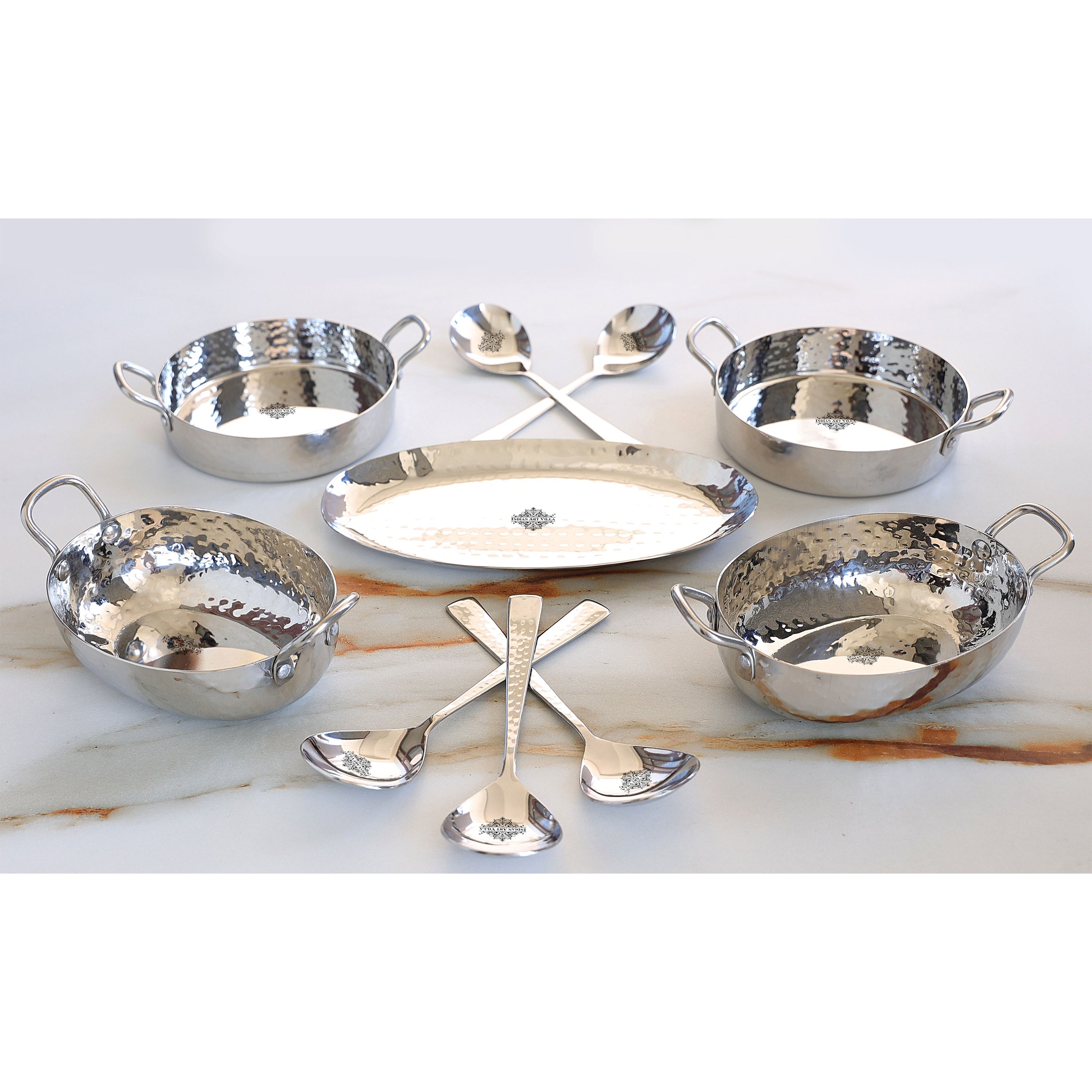 Stainless Steel Hammerd 10 Pcs Oval & Rectangular shape Serving Set, Serveware Tableware, for Home and Restaurants