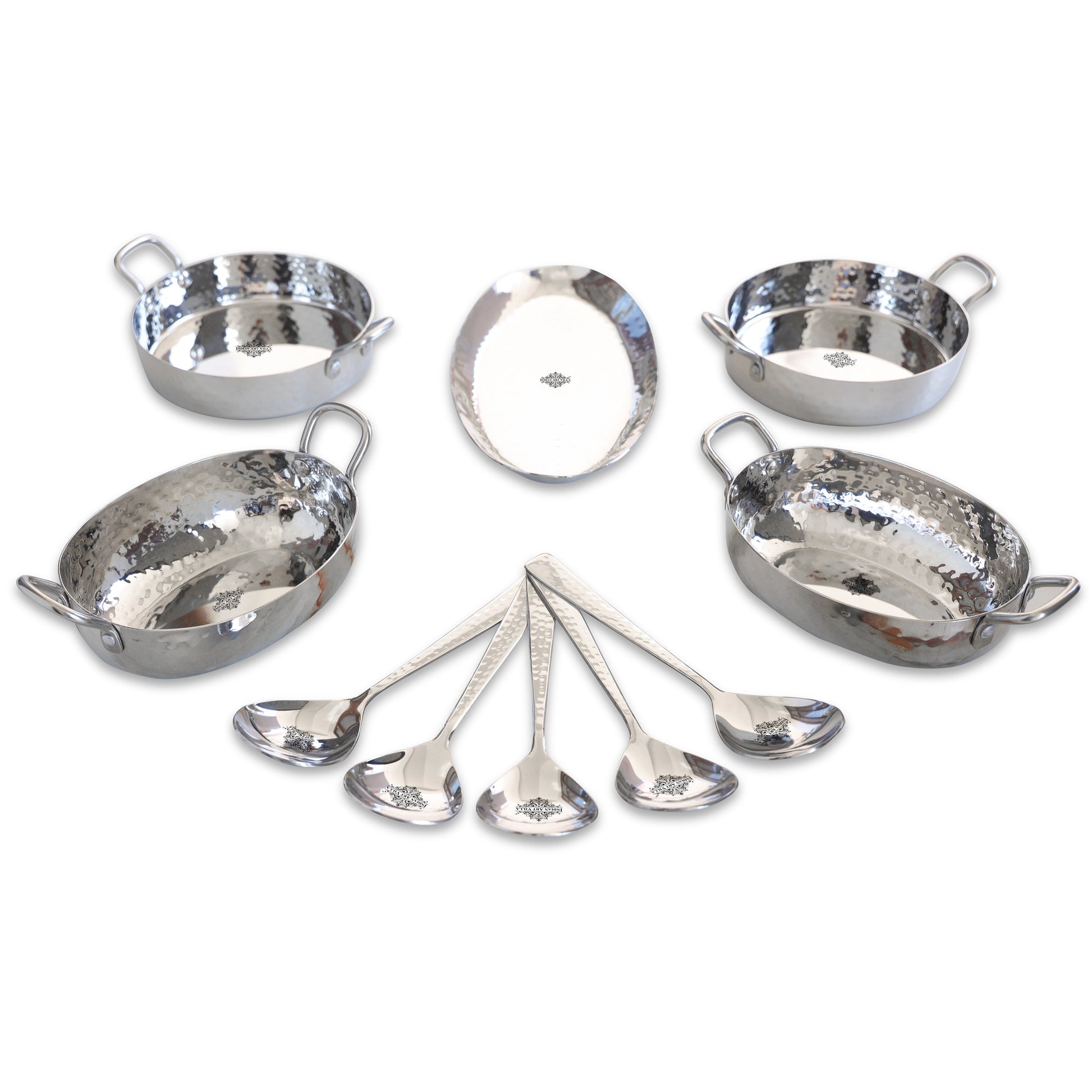 Stainless Steel Hammerd 10 Pcs Oval & Rectangular shape Serving Set, Serveware Tableware, for Home and Restaurants