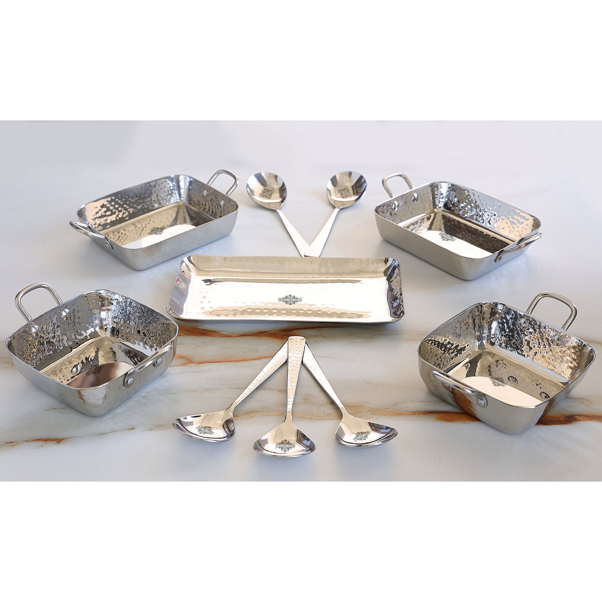 Stainless Steel Hammerd 10 Pcs Oval & Rectangular shape Serving Set, Serveware Tableware, for Home and Restaurants