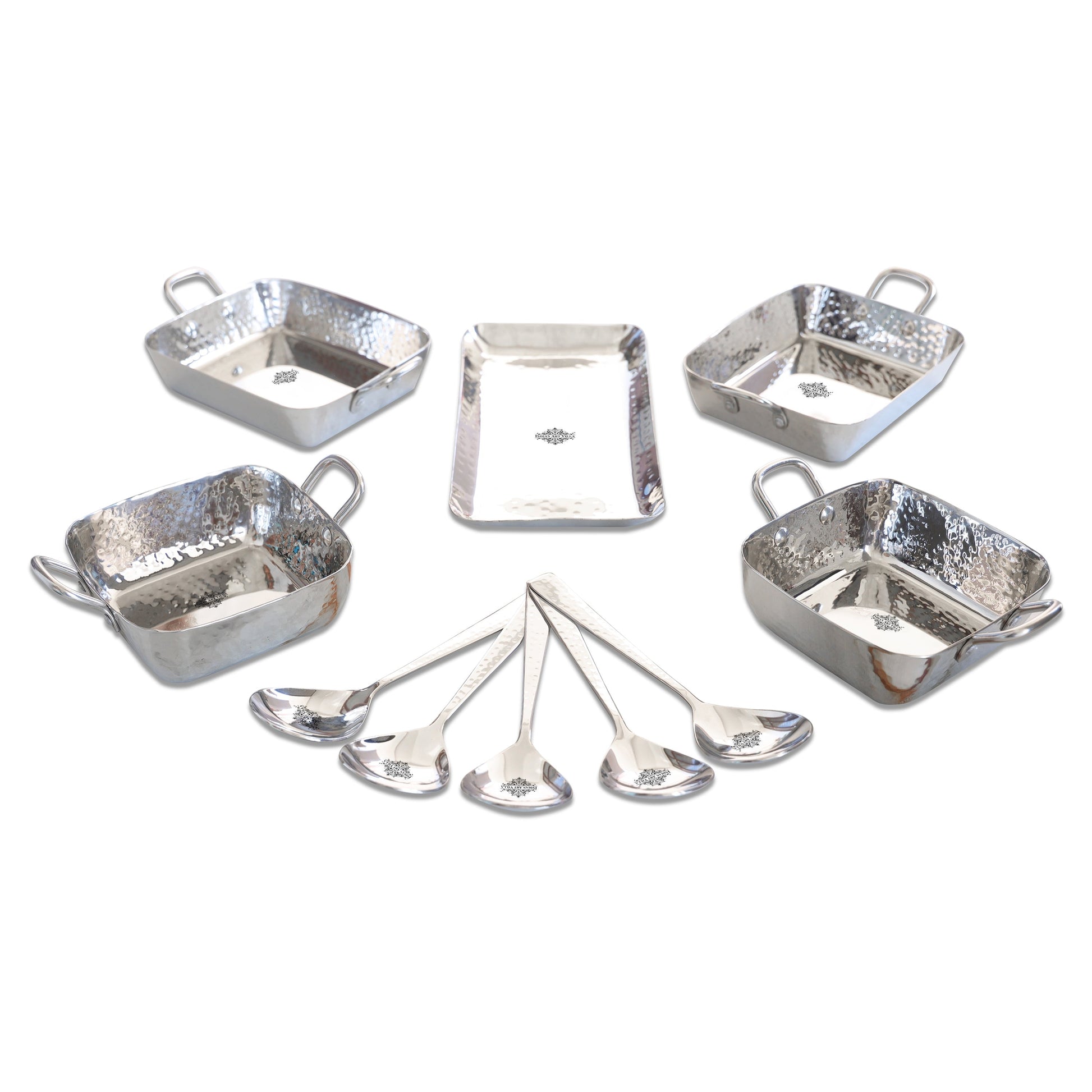 Stainless Steel Hammerd 10 Pcs Oval & Rectangular shape Serving Set, Serveware Tableware, for Home and Restaurants
