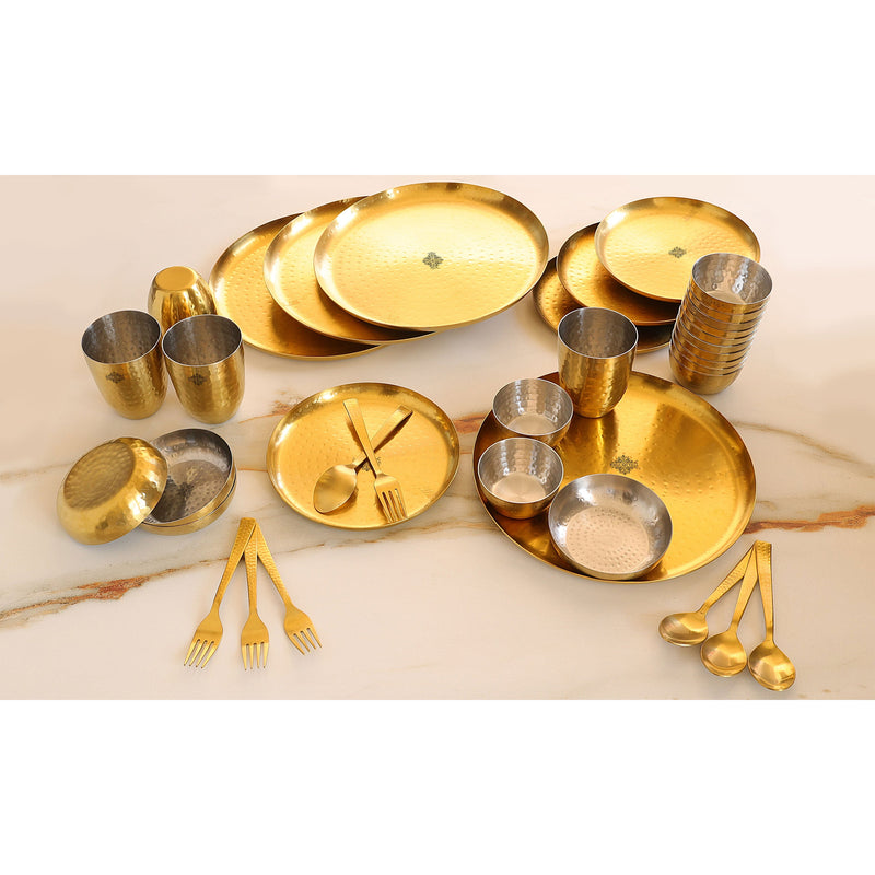 Stainless Steel Hammered 36 Pcs. Oval / Round shape Dinnerware Set, Serveware, Tableware, Dinnerware for Home and Restaurants