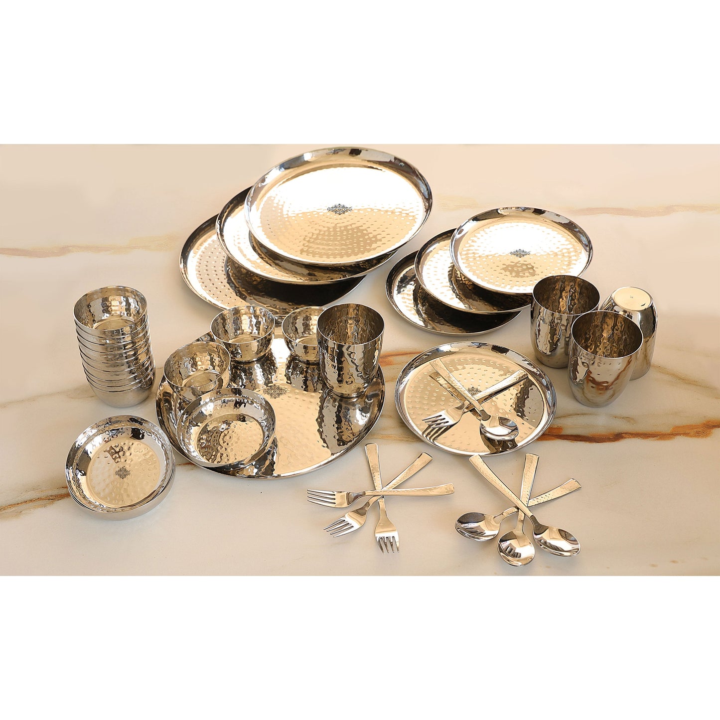 Stainless Steel Hammered 36 Pcs. Oval / Round shape Dinnerware Set, Serveware, Tableware, Dinnerware for Home and Restaurants