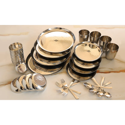 Stainless Steel Hammered 36 Pcs. Oval / Round shape Dinnerware Set, Serveware, Tableware, Dinnerware for Home and Restaurants