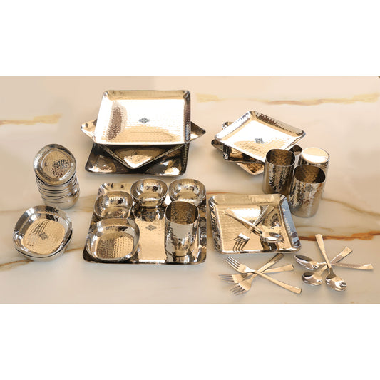 Stainless Steel Hammered 36 Pcs Rectangular shape Dinnerware Set, Serveware Tableware, Dinnerware for Home and Restaurants