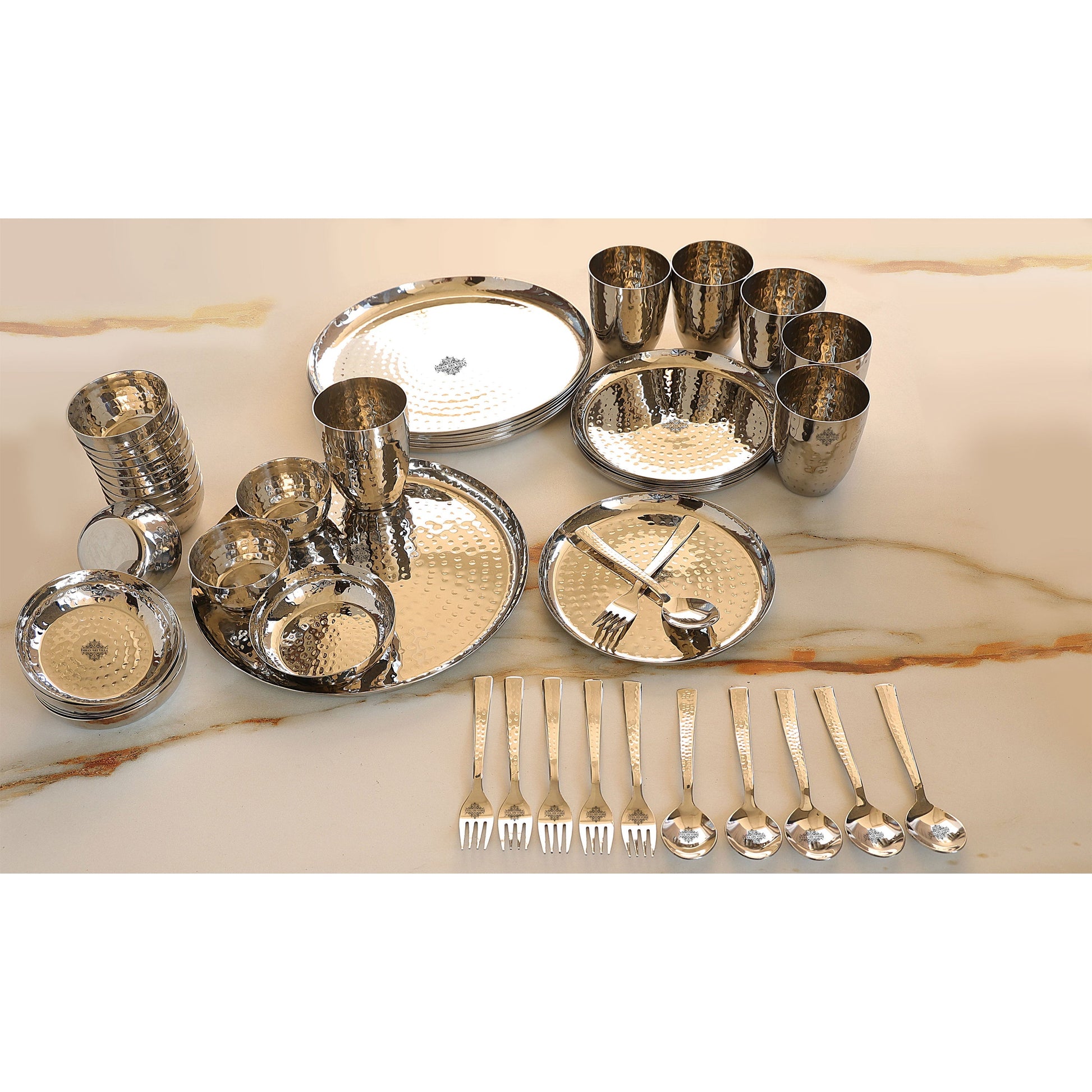 Stainless Steel Hammered 48 Pieces, Round Shape Dinnerware Set, Serveware Tableware, Dinnerware for Home and Restaurants