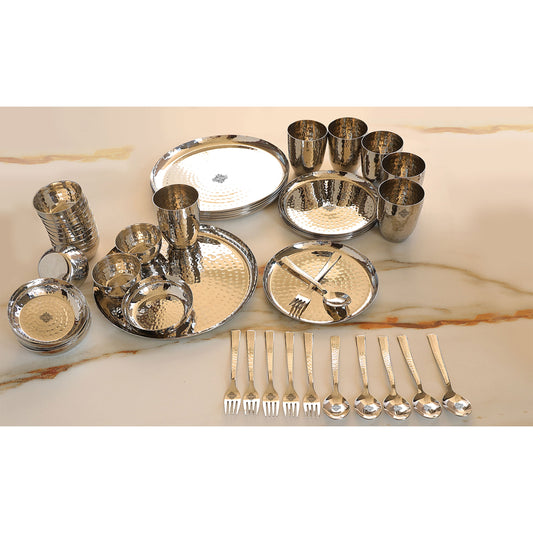 Stainless Steel Hammered 48 Pieces, Round Shape Dinnerware Set, Serveware Tableware, Dinnerware for Home and Restaurants