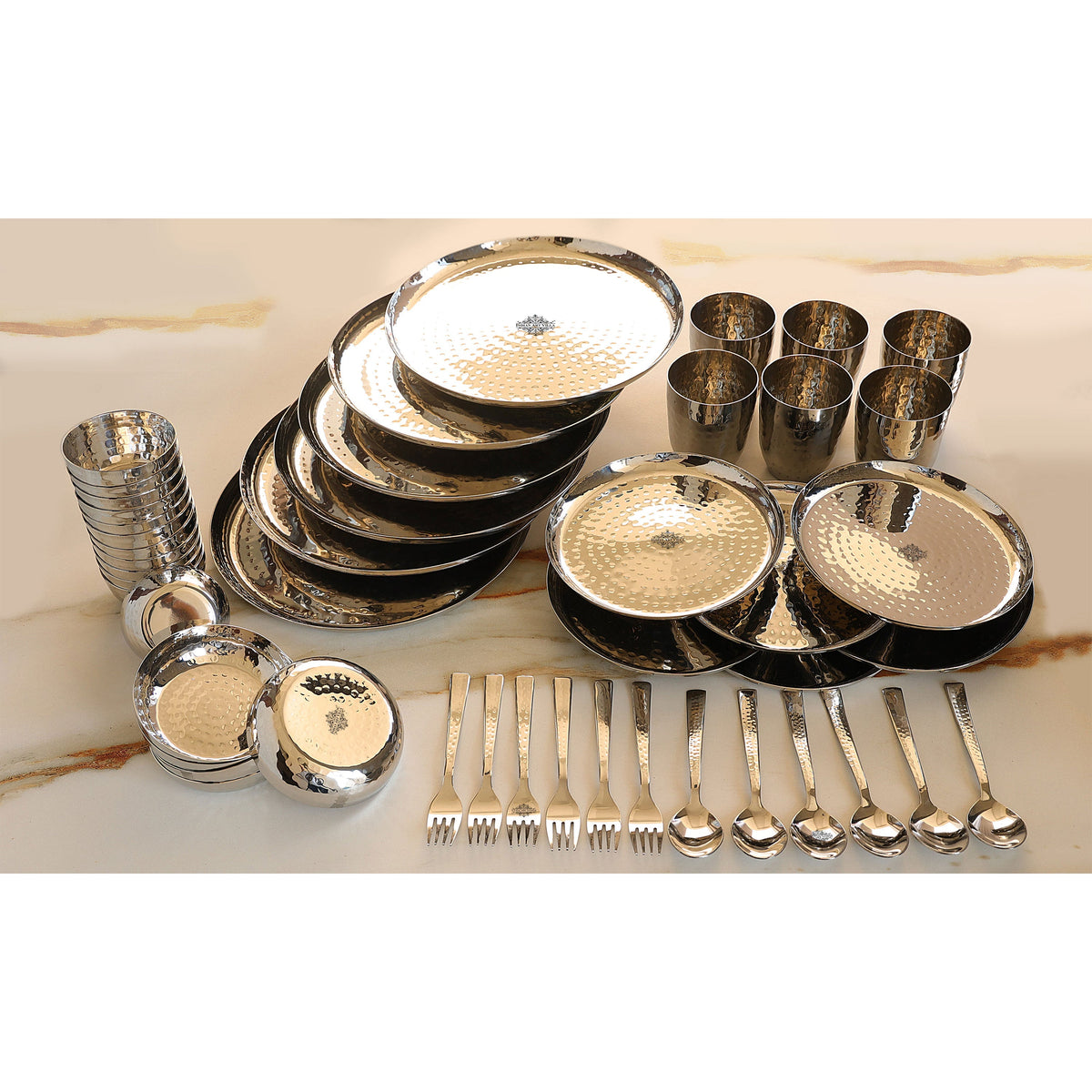 Stainless Steel Hammered 48 Pieces, Round Shape Dinnerware Set