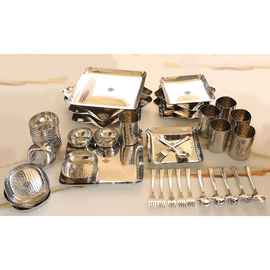 Stainless Steel Hammerd 48 Pcs Rectangular shape Dinnerware Set, Serveware Tableware, Dinnerware for Home and Restaurants