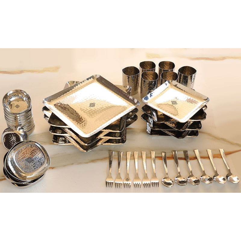 Stainless Steel Hammerd 48 Pcs Rectangular shape Dinnerware Set, Serveware Tableware, Dinnerware for Home and Restaurants
