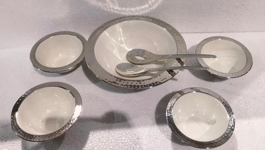Steel Serveware Set, Hammered Design, 5 Bowl With 2 Serving Spoon Salad Set