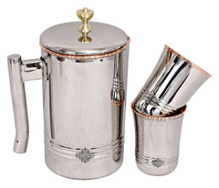 IndianArtVila Handmade Pure Steel & Copper Jug No.2 With Brass Knob & 2 Glass, Drinkware Gift Set