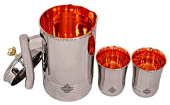 IndianArtVila Handmade Pure Steel & Copper Jug No.2 With Brass Knob & 2 Glass, Drinkware Gift Set