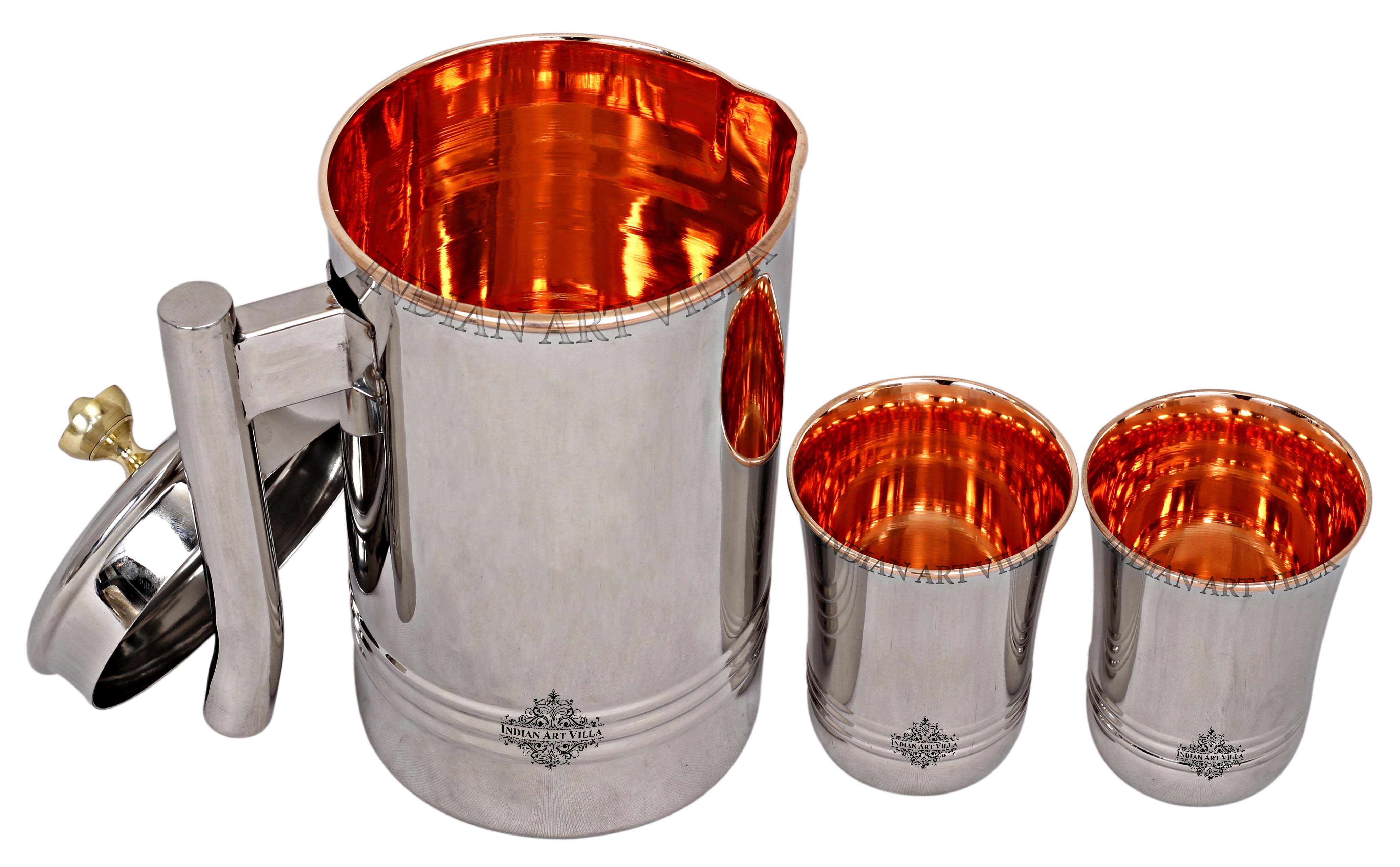 IndianArtVila Handmade Pure Steel & Copper Jug No.2 With Brass Knob & 2 Glass, Drinkware Gift Set