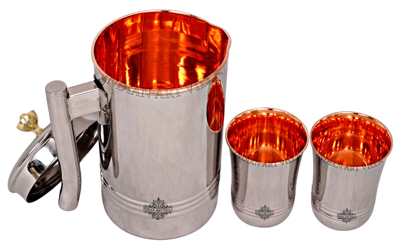 IndianArtVila Handmade Pure Steel & Copper Jug No.2 With Brass Knob & 2 Glass, Drinkware Gift Set