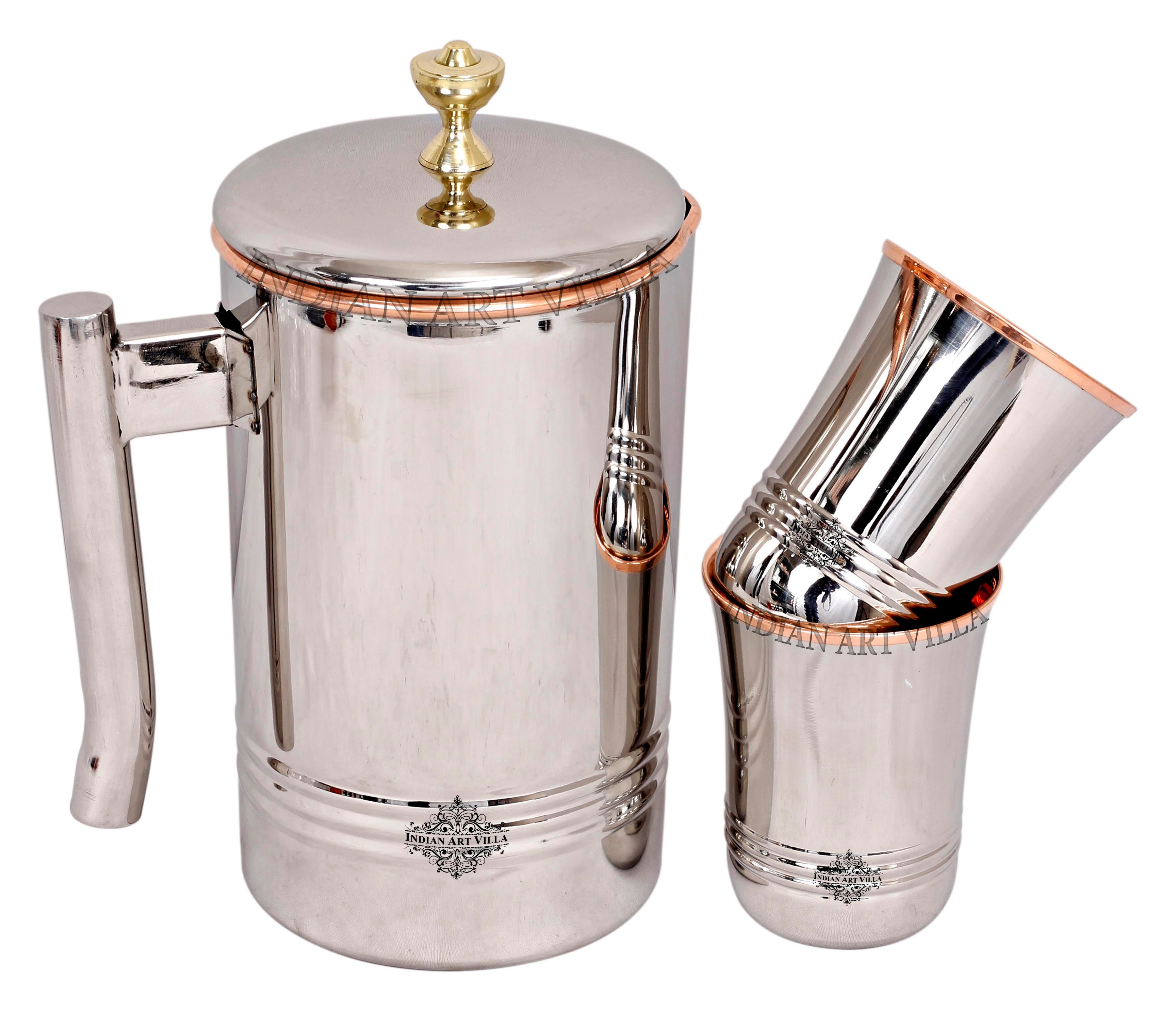 Steel Copper Jug Pitcher With Brass Knob & Glass Set, Serveware & Tableware