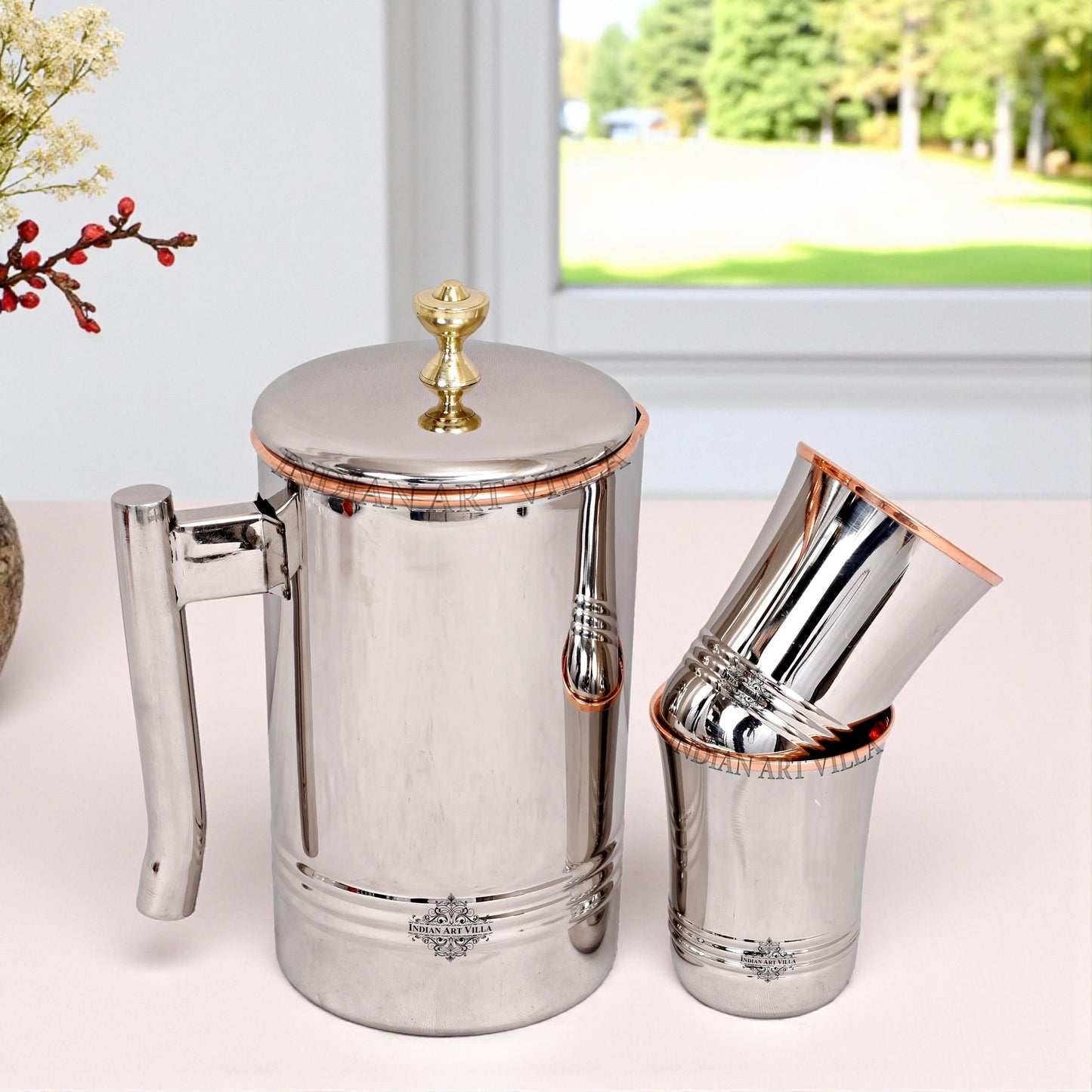 Steel Copper Jug Pitcher With Brass Knob & Glass Set, Serveware & Tableware