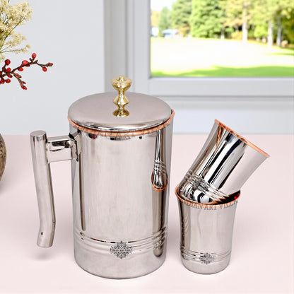 Steel Copper Jug Pitcher With Brass Knob & Glass Set, Serveware & Tableware