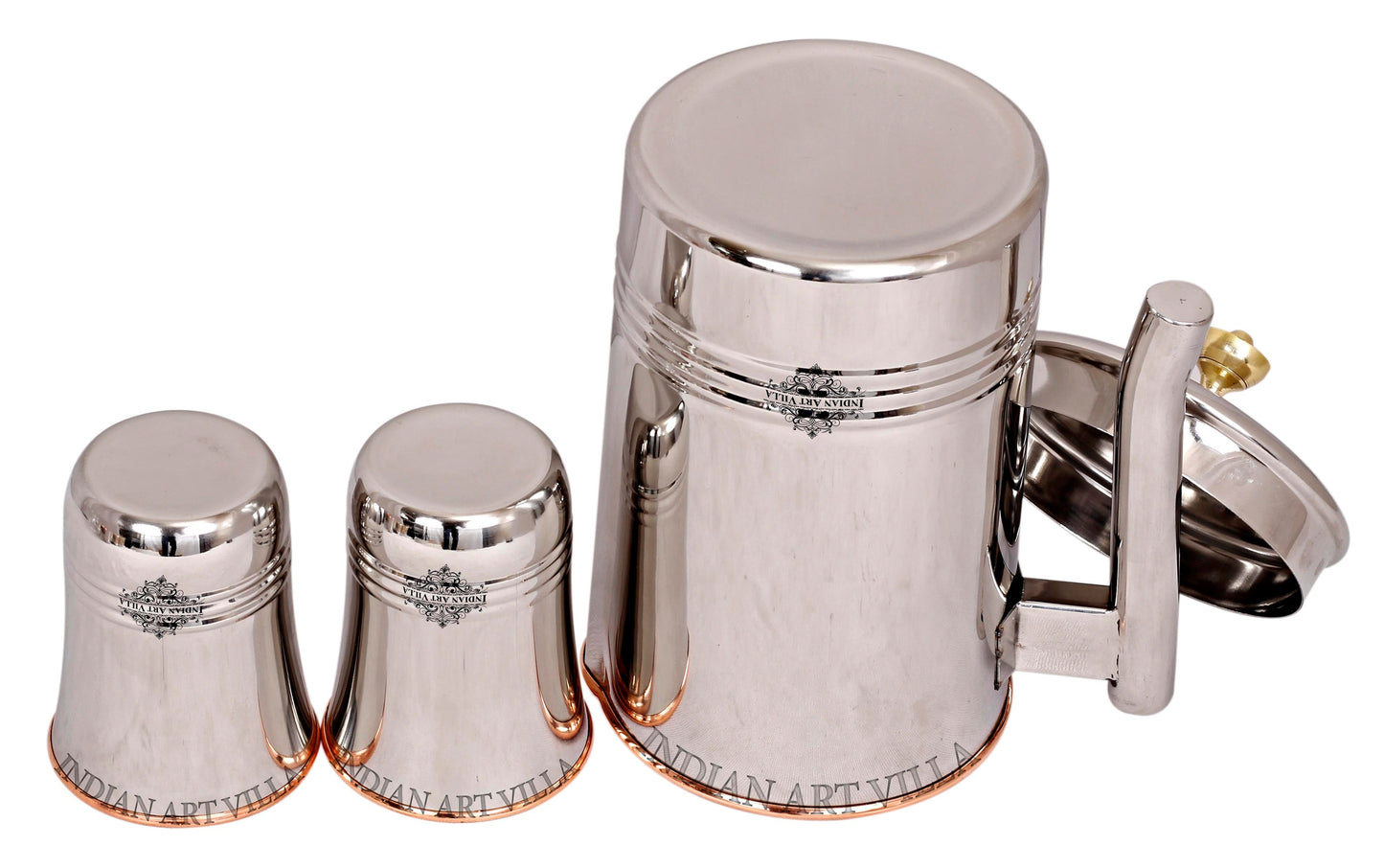 Steel Copper Jug Pitcher With Brass Knob & Glass Set, Serveware & Tableware