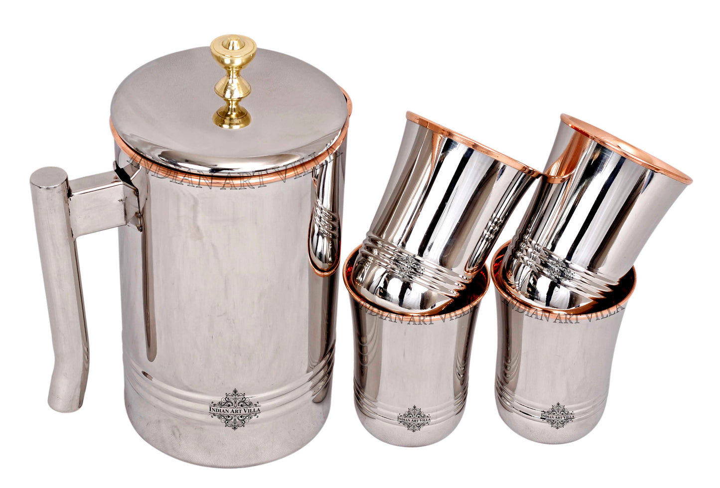 Steel Copper Jug Pitcher With Brass Knob & Glass Set, Serveware & Tableware