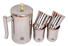 Steel Copper Jug Pitcher With Brass Knob & Glass Set, Serveware & Tableware