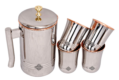 Steel Copper Jug Pitcher With Brass Knob & Glass Set, Serveware & Tableware