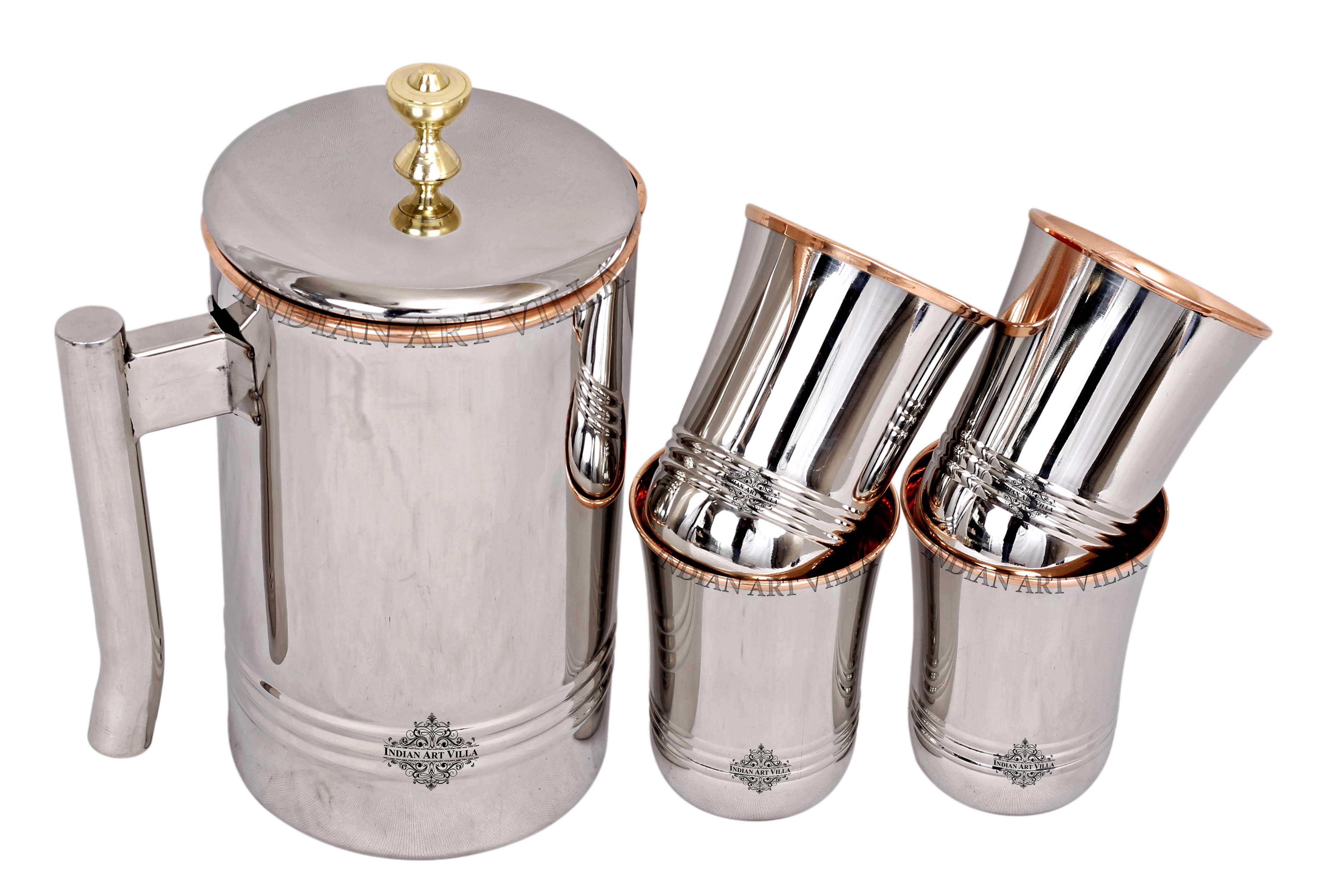 Steel Copper Jug Pitcher With Brass Knob & Glass Set, Serveware & Tableware
