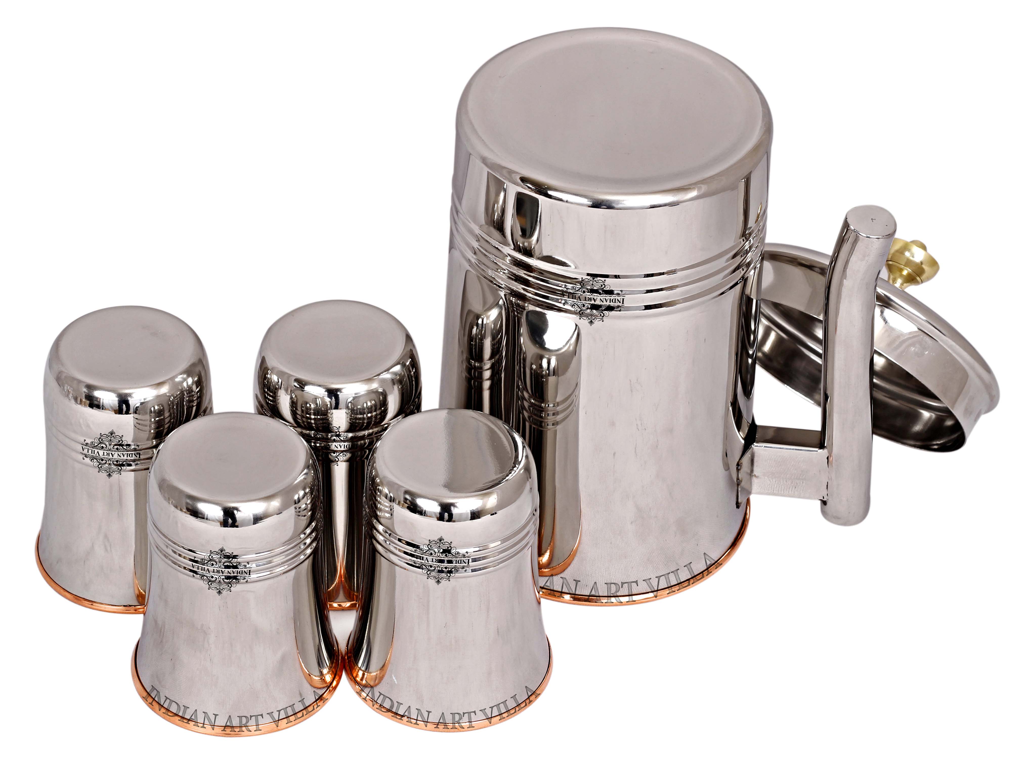 Steel Copper Jug Pitcher With Brass Knob & Glass Set, Serveware & Tableware