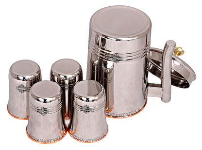 Steel Copper Jug Pitcher With Brass Knob & Glass Set, Serveware & Tableware